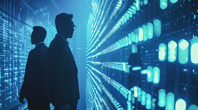 Two Men Standing In Front Of A Wall Of Computer Screens. Scene Is One Of Technology And Innovation