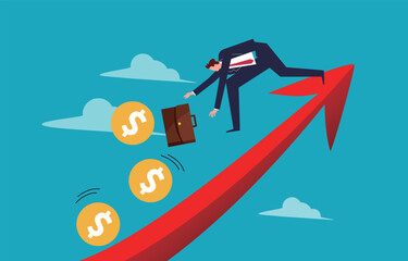 Investment or business loss, recession or reduced profits, business failure or bankruptcy, businessman at the top of the arrow falling to catch up with falling gold coins