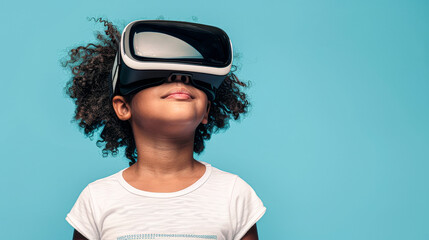 Fototapeta premium A young girl wearing a white shirt is looking through a virtual reality headset. Concept of excitement and wonder as the girl experiences the virtual world