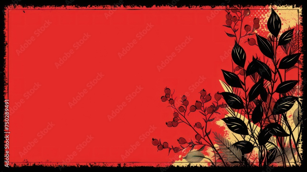 Poster a picture of a plant on a red background with a grungy border to the left of the picture and a black