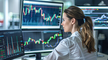 A woman is sitting at a desk with multiple computer monitors in front of her. She is focused on the screens, possibly working on financial data or analyzing stock market trends