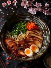 Delicious Ramen Bowl with Meat and Vegetables in Artistic Plating