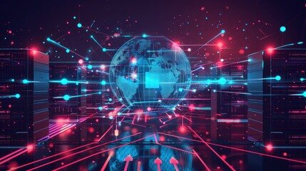 Fototapeta premium Global network concept with hardware computer server data center and hologram globe. Generative AI.