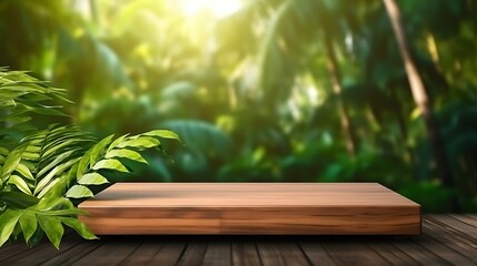 Wooden podium with leaves, green blurred background.