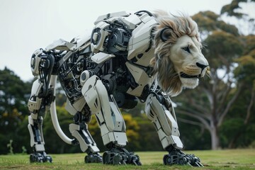 Fototapeta na wymiar Futuristic lion robot, mechanical robot. Generative AI.