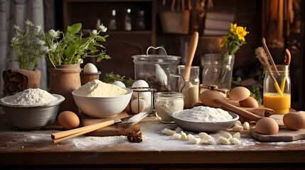 Fototapeta na wymiar Moment of Baking Bliss: Warm Sunlight on Rustic Kitchen Table Laden with Fresh Ingredients and Baking Tools