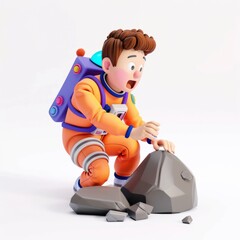 Kid clay animation character wearing a astronaut's spacesuit and helmet, exploring the surface of a make-believe planet, on an isolated white background, Generative AI