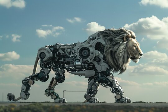 Futuristic lion robot, mechanical robot. Generative AI.