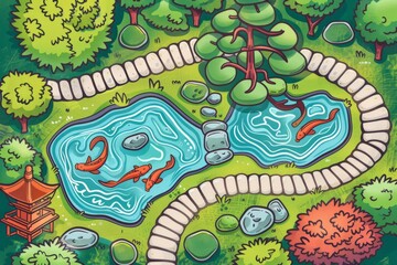 Cartoon cute doodles of a serene Japanese garden with a koi pond and winding stone pathways, Generative AI