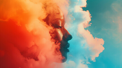 Color Negative Space, double exposure of girl profile portrait and stormy cloudscape