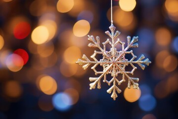 Close-up of a silver snowflake ornament against a backdrop.