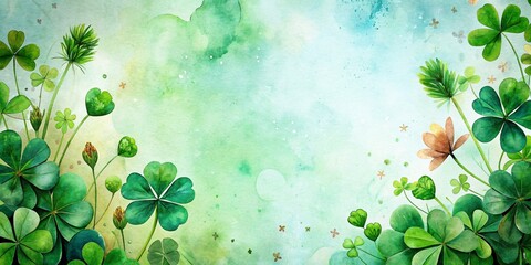 Watercolor green clover leaf, St Patrick Day background