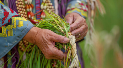 A closeup of a womans hands braiding sweetgrass a fragrant plant used for spiritual cleansing and healing in Native American ceremonies. - obrazy, fototapety, plakaty