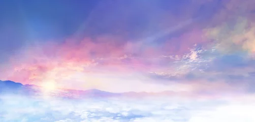 Foto op Plexiglas 朝焼けの空と雲海の風景イラスト　手描き　風景イラスト © gelatin