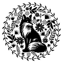 black and white vector silhouette illustration, cute fox in round botanical frame