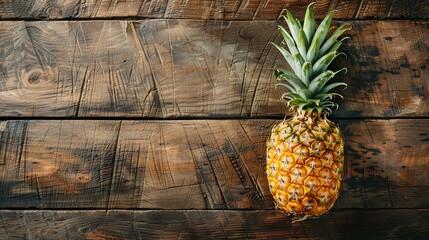 Pineapple on wooden table. Rustic tabletop with pineapple. Top view