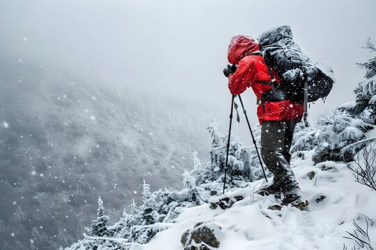 Winter Backpacking Hiker Enjoying the Snowy Mountain Peak