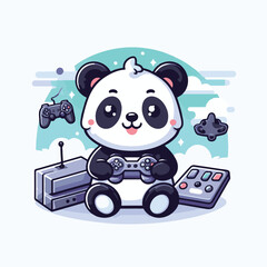 cute panda caracter cartoon wiith playing games