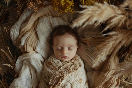 Newborn Baby in Baroque-style Wheat Field with Dreamlike Atmosphere