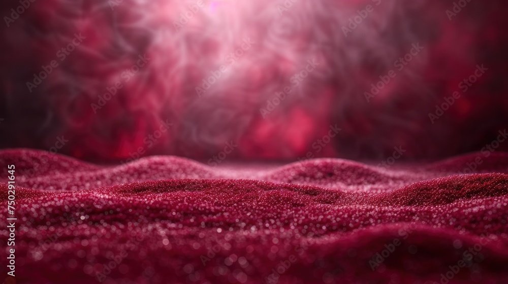 Poster a close up of a red blanket on a bed with a bright light shining in the background and a blurry imag