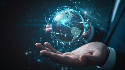 Fototapeta premium Holographic globe in a businessman's hand symbolizes global connectivity. AI Generative.