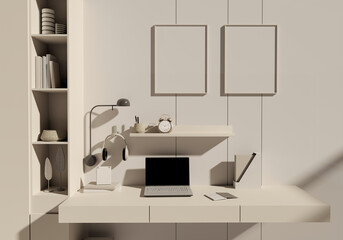 Minimal working table top with book, clock ,frame mockup, decor plant and lamp with sunlight and leaves shadow on pastel beige background. 3d render