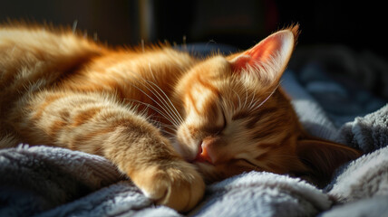 An orange cat sleeps soundly, basking in a cozy sunlit spot. AI Generative.