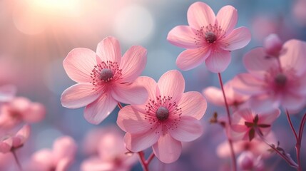  a bunch of pink flowers that are blooming in a field with the sun shining in the background and a blurry blue sky in the middle of the picture.