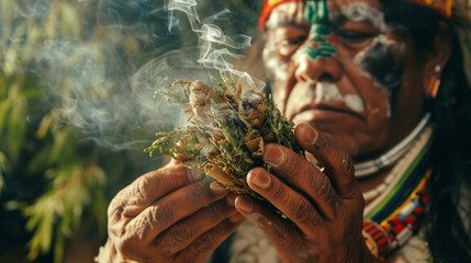 With a look of profound determination the shaman holds a smoking bundle of herbs over a patients body channeling healing energy into their midst.