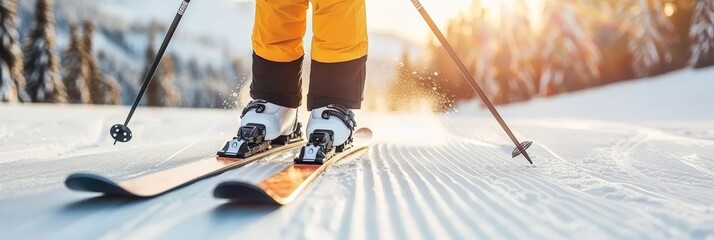 Close up of person skiing in nature with blurred background, ideal for text placement - obrazy, fototapety, plakaty