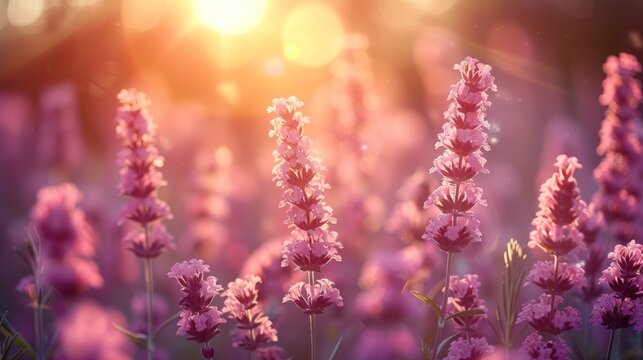  a field full of pink flowers with the sun shining through the trees in the background and a blurry image of the flowers in the foreground of the foreground.