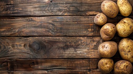 Potatoes on wooden table. Rustic tabletop with potato. Top view