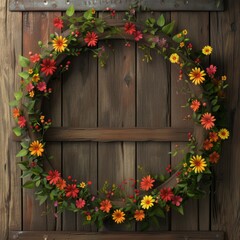 mockup of a round flower frame attached to a wooden door