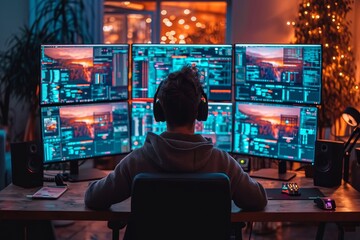 Fototapeta premium Serious Hacker Working in a Minimalist Workspace with Multiple Screens Showing Open Terminal Windows, Illustrating the Concept of Cybersecurity and Digital Technology