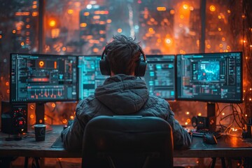 Focused Hacker Engaged in Cybersecurity Activities in a Modern Workspace with Multiple Screens Showing Terminal Windows, Emphasizing the Concept of Digital Security and Technology