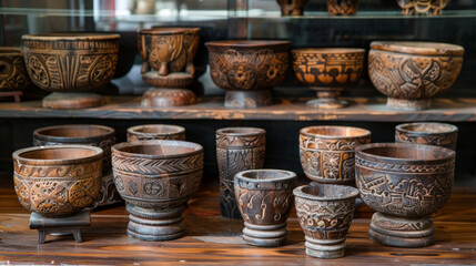 A set of handcarved wooden bowls and cups used for collecting and administering herbal remedies. Each piece is unique bearing intricate designs and symbols that hold significant