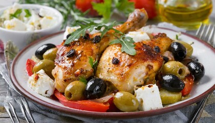 baked chicken thighs with veggies, olives, feta - obrazy, fototapety, plakaty