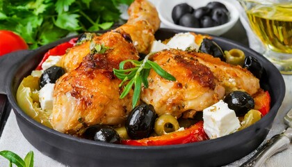 baked chicken thighs with veggies, olives, feta - obrazy, fototapety, plakaty