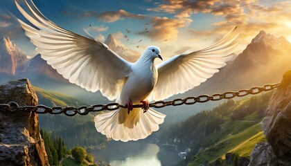 beautiful peace white dove flying to get released out of a chain, freedom and victory concep - obrazy, fototapety, plakaty