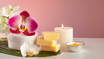 Fototapeta na wymiar beautiful setup or orchid flowers and soap bars with candle for cosmetics and face wash natural