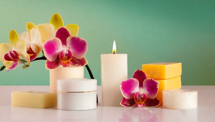 beautiful setup or orchid flowers and soap bars with candle for cosmetics and face wash natural