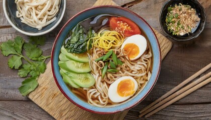 Delicious vegetarian ramen served on wooden table. Noodle soup top view