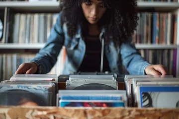 Cercles muraux Magasin de musique Curly-haired young woman in a denim jacket attentively browsing through a collection of music records at a store