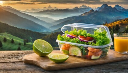 Healthy plastic school lunch box of sandwich, fruits and vegetables, plastic organic eating .