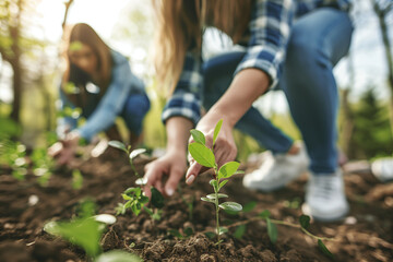 Sunlight filters through a young tree, with volunteers working in the background to plant more trees, symbolizing hope and growth