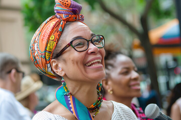 A radiant woman wearing a colorful headwrap and ethnic jewelry smiles brightly, celebrating her heritage at a cultural festival