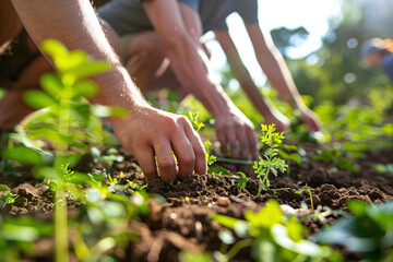 Detailed view of hands planting young trees in soil, capturing the essence of communal environmental work