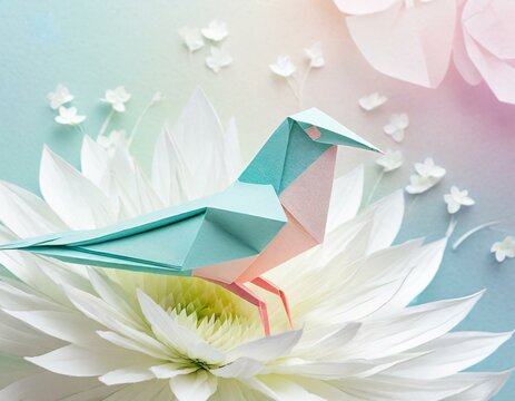 High resolution beautiful and colorful Origami bird closeup image sitting on a white flower