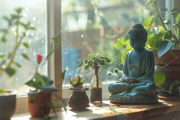 Serene Buddha Statue with Houseplants by Window