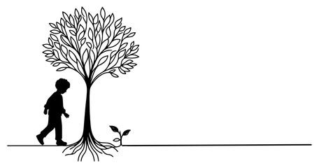 Continuous one black line art drawing Silhouette of children planting tree. Shovel digs roots plant into ground to save the world and earth day reduce global warming growth concept vector illustration